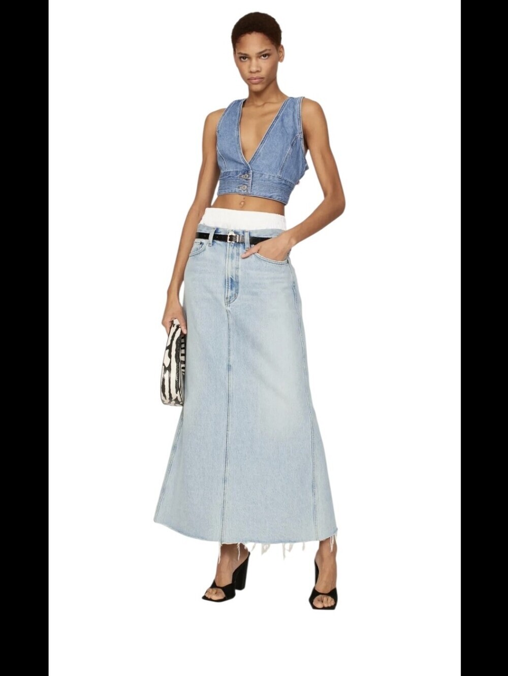 AGOLDE Hilla Denim Maxi Skirt Size 27 Light Wash High Rise Raw Hem A-Line Long